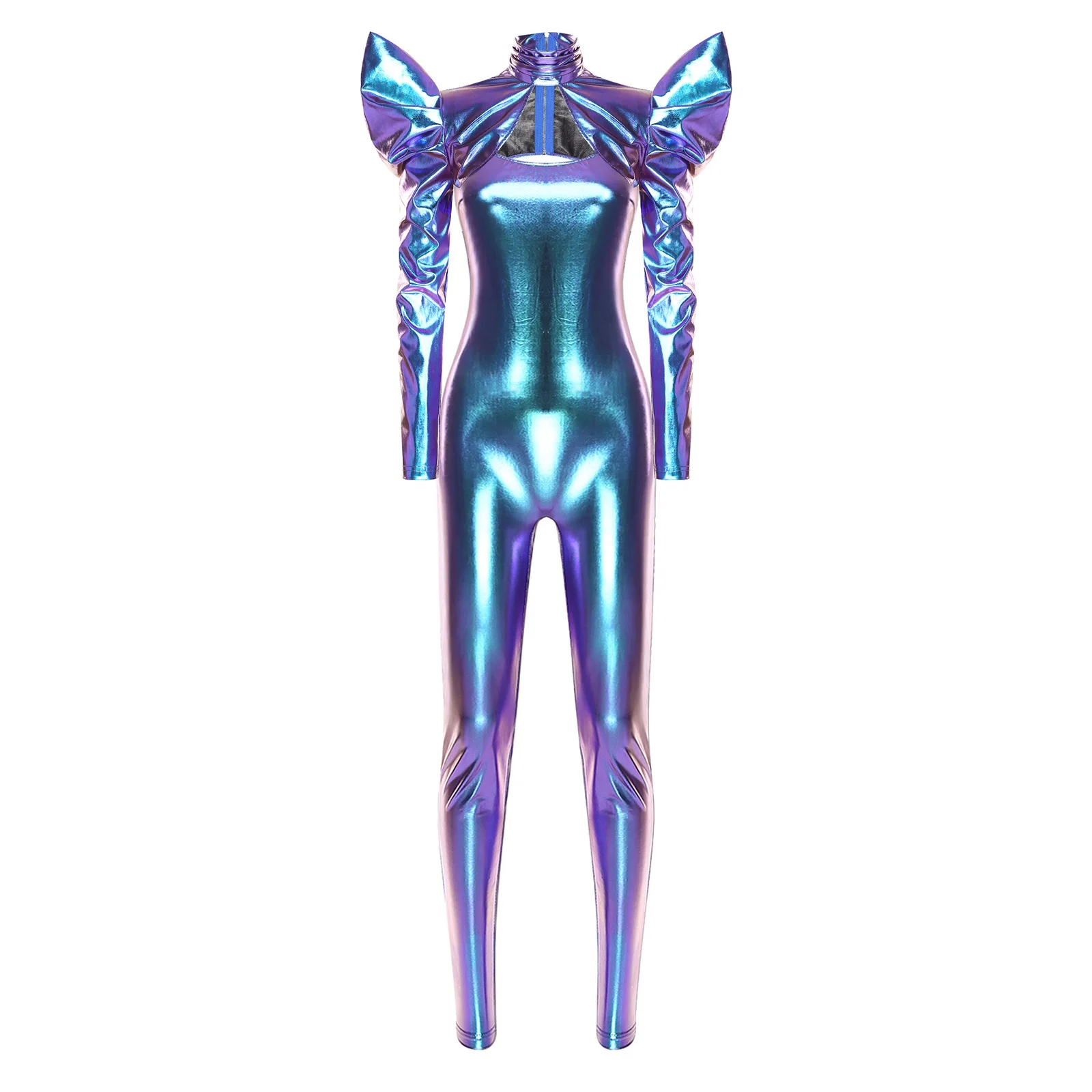 Conjunto Metálico Brillante para Mujer, Leggings con Cierre Trasero, Mono Ajustado con Top Corto y Bolero para Fiestas Rave, Discotecas y Baile