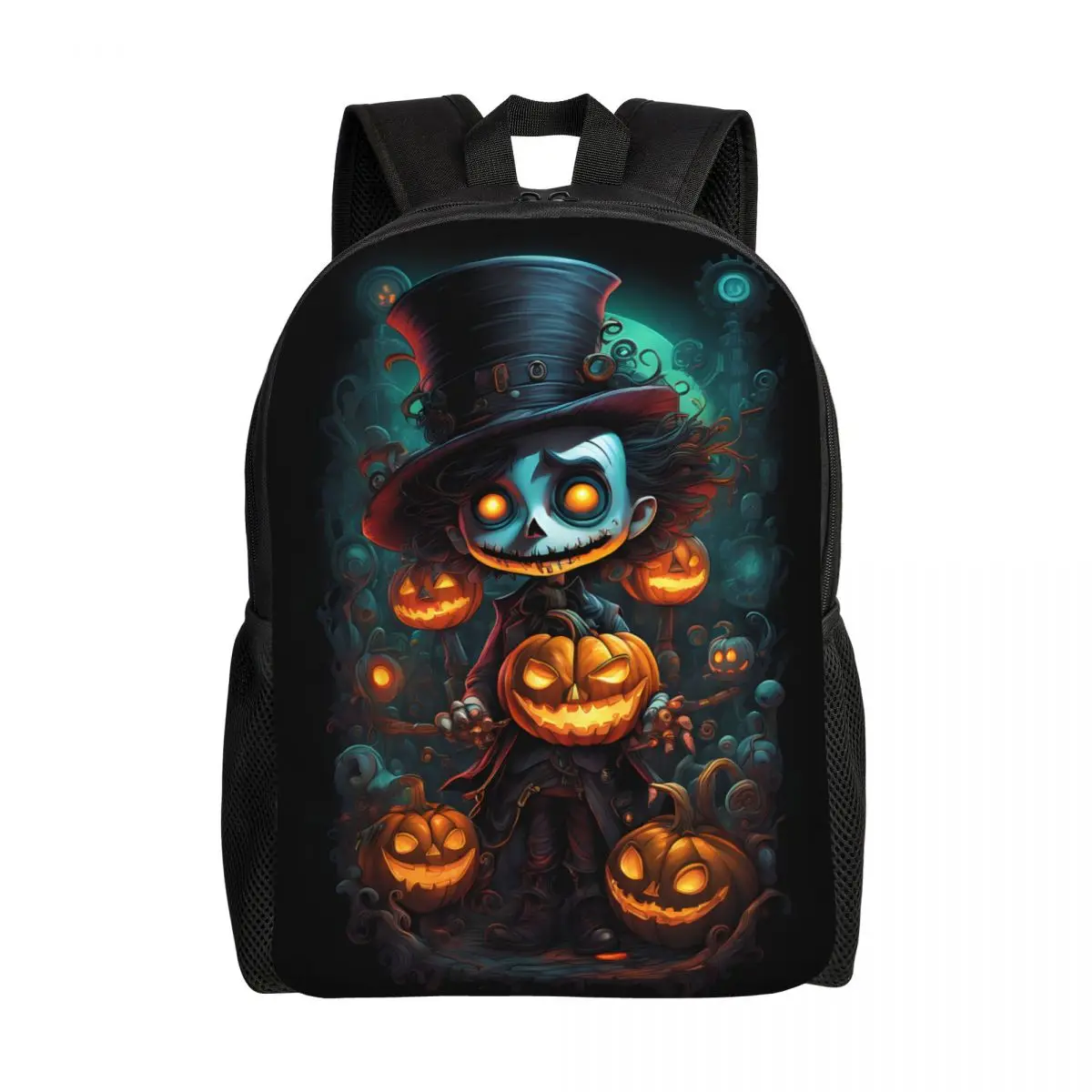 Custom Halloween Skeleton Pumpkins Hat Backpack for Boys Girls College School Travel Bags Men Women Bookbag Fits 15 Inch Laptop