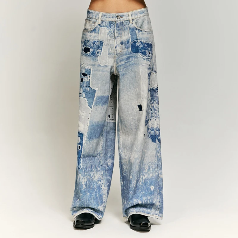 Fashion Street Washed Tie-Dyed Digital Printing Jeans for Men and Women 2024Autumn Fashion Brand Retro Personal Leisure Trousers