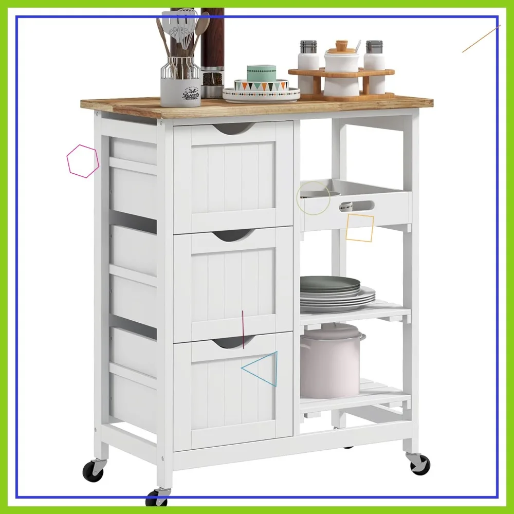 

Rolling Kitchen Island Cart with Wood Top, Shelves & Drawers, White - Compact Trolley for Home Dining