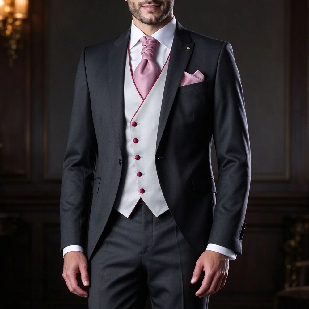 Men's Formal 3-Piece Suit – Classic Groom's Tuxedo Style – Custom-Made (Jacket, Trousers, and Vest) – Party Formalwear