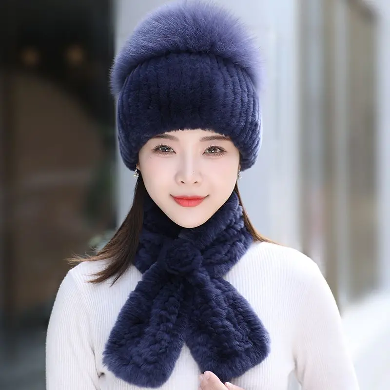 النساء شتاء دافئ فاخر 100% حقيقية الثعلب الفراء قبعة ريكس الأرنب الفراء والأوشحة محبوك جودة الفراء القبعات ريكس الأرنب الفراء قبعة أطقم أربطة من فراء #4