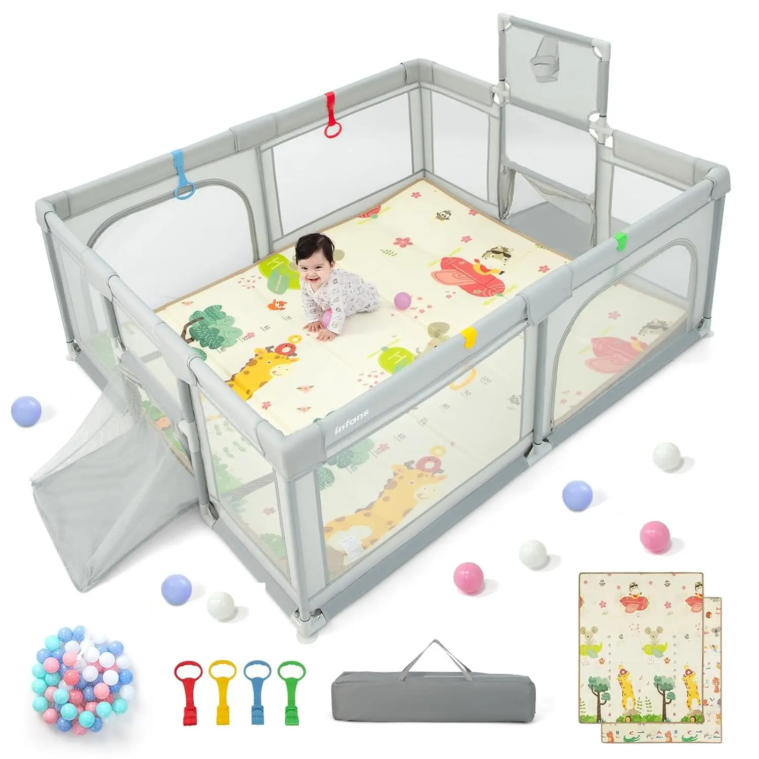 

Baby Playpen, 74" x 62" Extra Large Baby Play Yard with Crawling Mat, 50 Ocean Balls, 4 Pill Up Rings, Basketball Hoop and 2 Foo