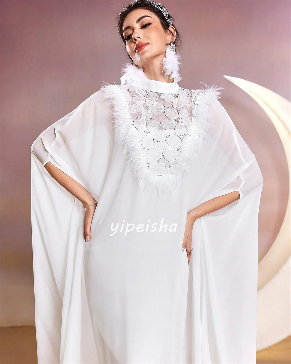 Chiffon Feather Flower Party A-line High Collar Bespoke Occasion Gown Long Dresses