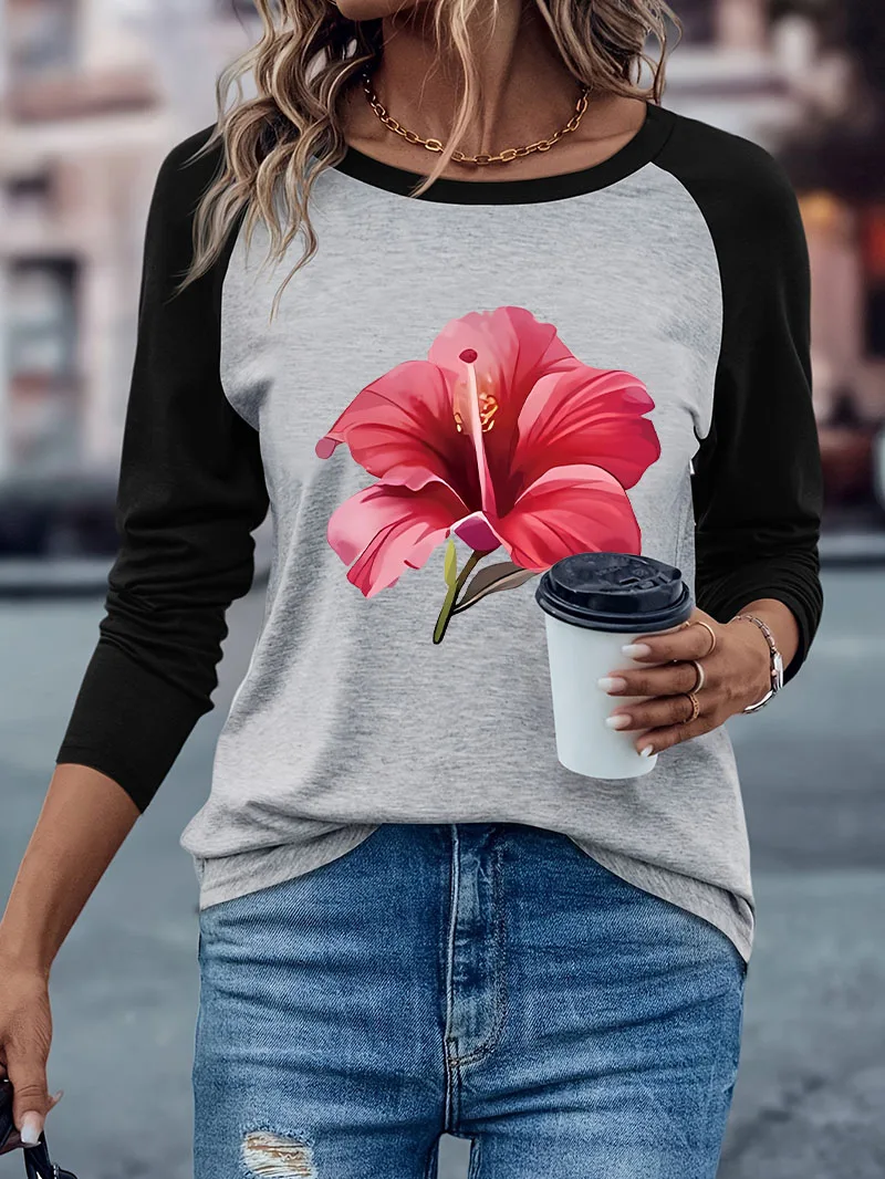 Long Sleeve T-shirt Woman Casual Flower Print Streetwear Harajuku Winter Autumn Graphic Long Sleeved Comfortable T Shirt Female