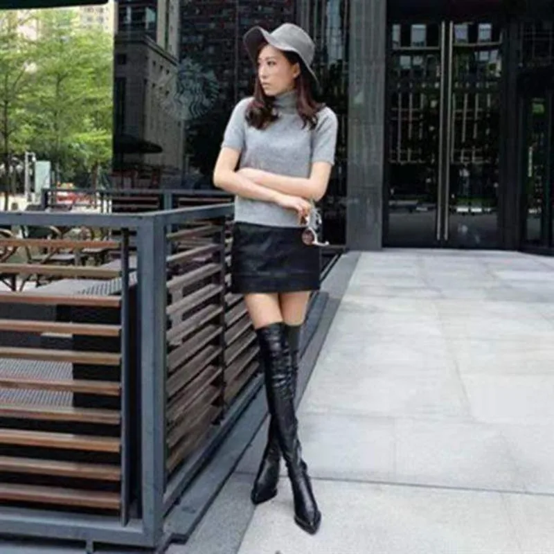 Footwear Elegant with Low Heels Shoes for Woman Thigh High Women\'s Boots Above Over The Knee Pointed Toe Black Work Comfortable