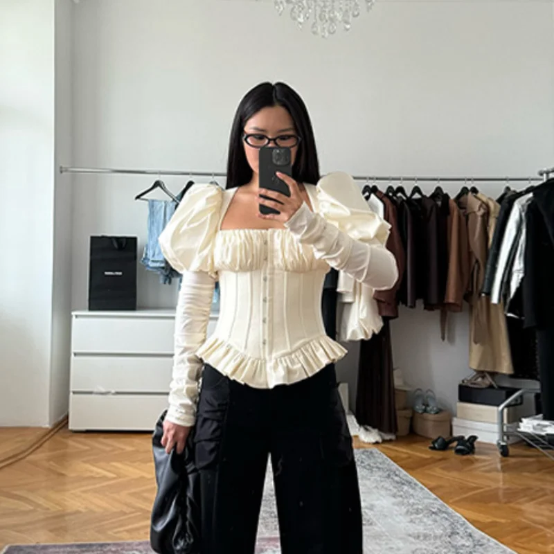 

Новая женская блузка-корсет 2026 с пышными рукавами, плиссированным подолом, без спинки, облегающая, повседневная, для вечеринок и работы