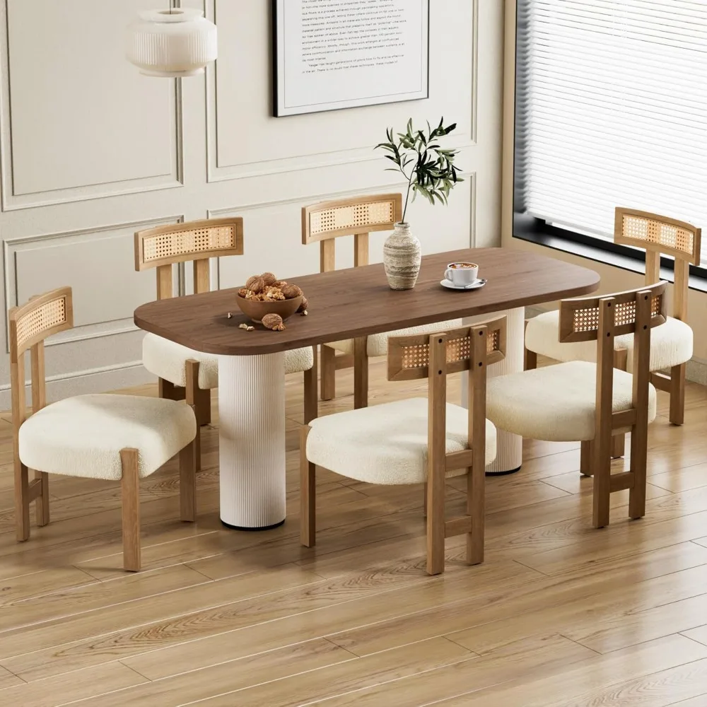 مجموعة كراسي تناول الطعام الحديثة في منتصف القرن مكونة من 4 قطع، كراسي مطبخ منجدة مستديرة بدون ذراع مع أرجل خشبية وتصميم خلفي للقصب #6