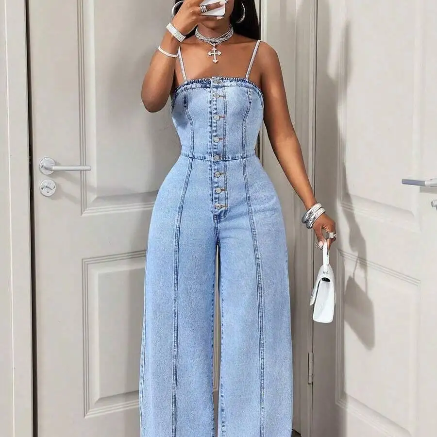 

Light Blue Denim Jumpsuit With Front Button Closure And Thin Straps