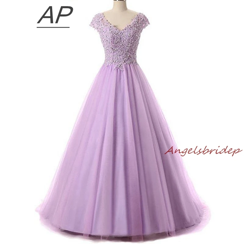 

ANGELSBRIDEP Lavender Vestido Madrinha Bridesmaid Dresses Sexy V-Neck Tulle Appliques Women's Dress Party Gown Fast Delivery