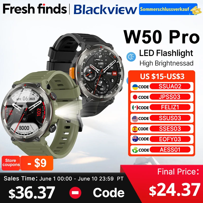 

[World Premiere] Blackview W50 Pro Smartwatch 1.45" HD Display Flashlight 960mAh Bluetooth Phone Call Rugged Smartwatch