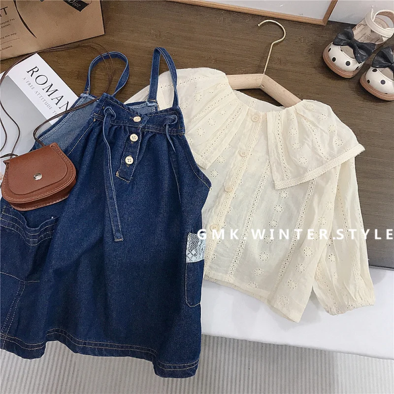 

Girls' Outfit New Spring and Autumn Children's Floral Lace Shirt Denim Suspender Skirt Baby Autumn Two-Piece Set