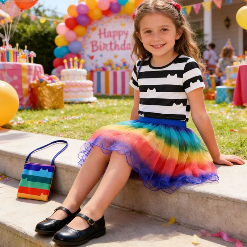 Sommer Mädchen Partykleid Schwarz-Weiß gestreiftes T-Shirt + Rock + Tasche Sets Halloween Kostüm Mädchen Cosplay Cartoon Katzen Outfit