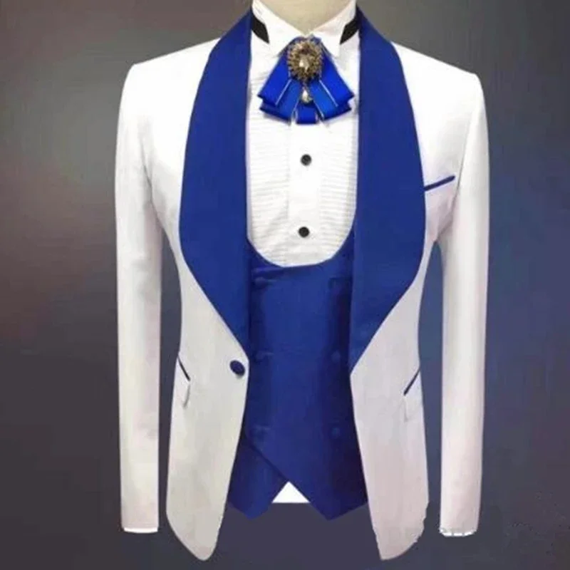 Trajes de boda blancos para novio con solapa de chal dorado, conjunto de trajes de hombre de ajuste Delgado personalizado, chaqueta, chaleco,