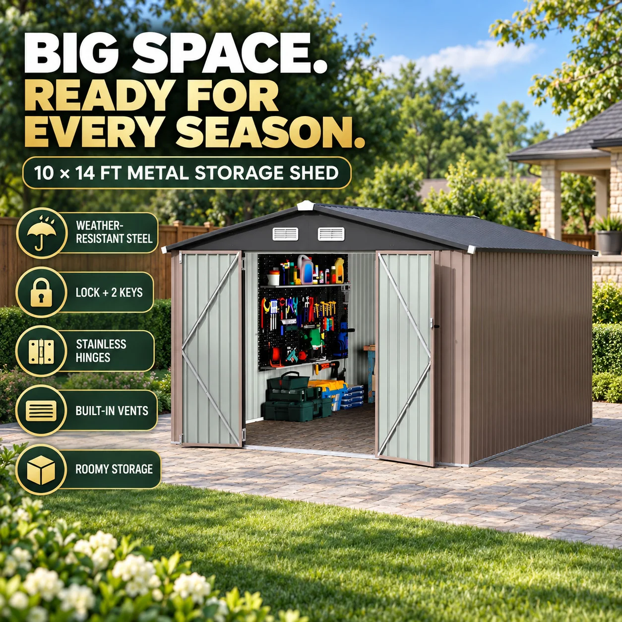 10 x 14 FT Weather Resistant Metal Outdoor Storage Shed Black Steel Garden Tool Shed with Lock Two Keys Ventilation Stainless Steel Hinges for Backyard
