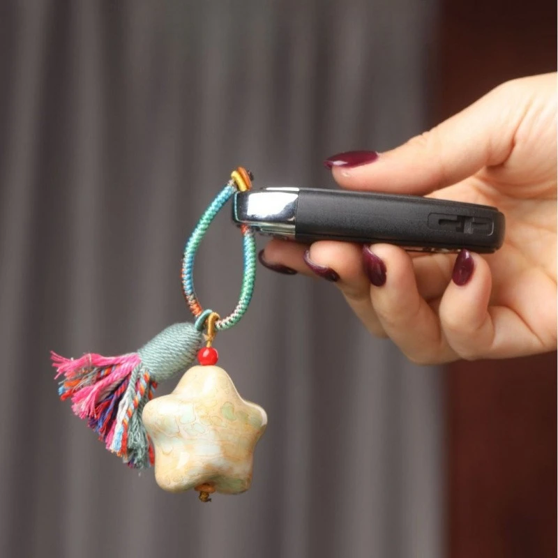 1 PC Lacquer Moon&Star Keychain With Tassel Pendant, Unisex Wenwan Accessory & Practical Gift Unique Hanging Decoration Present