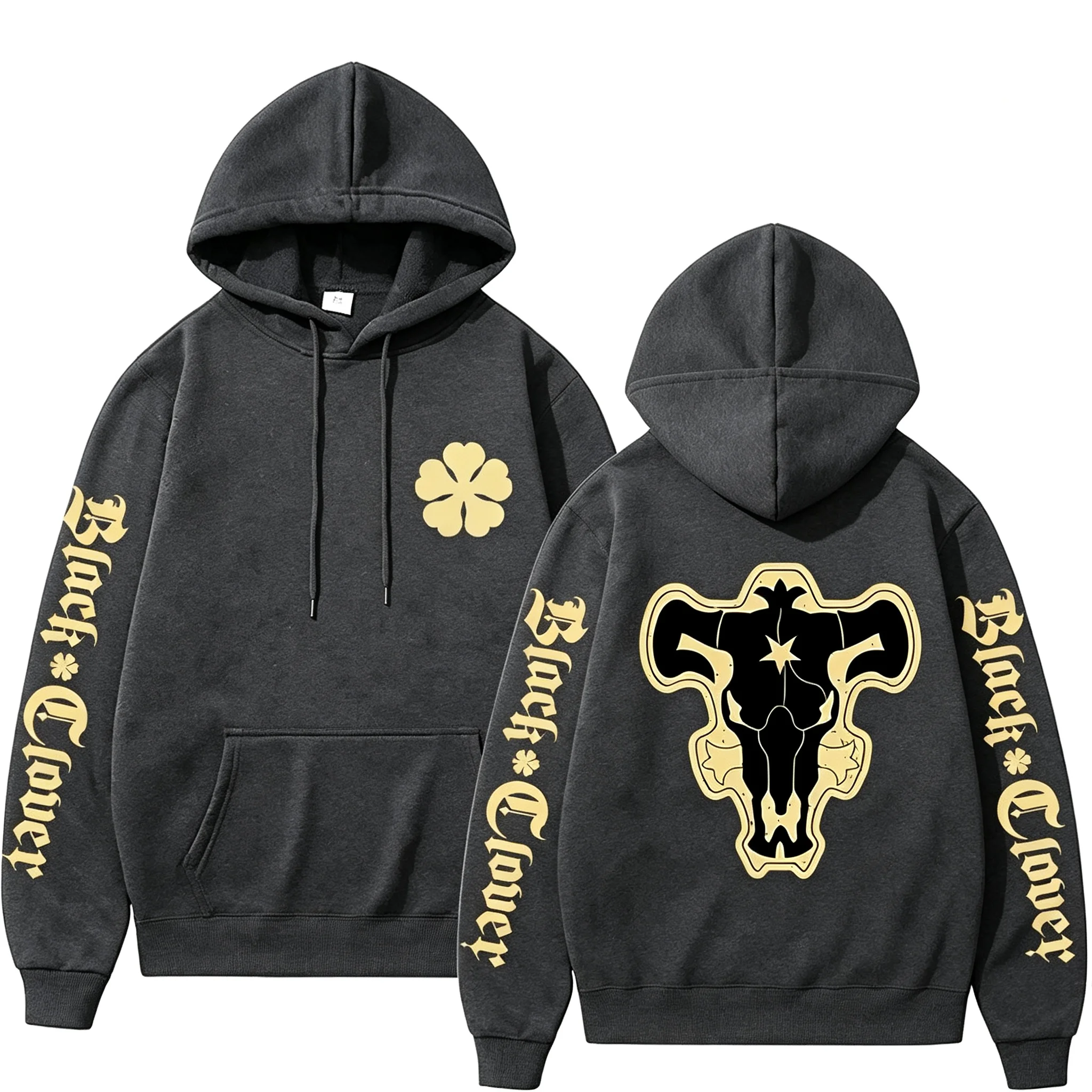 2026 Herbst Black Clover Black Bull Hoodie mit mehreren Prints, vorne mit Kleeblatt-Emblem, hinten mit Bullenschädel, Unisex, Oversized, Y2K-Hoodie – Detail 6