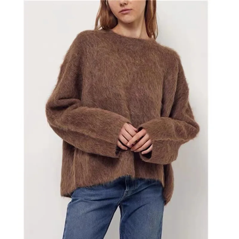 2024 Alpaca Plush round Neck Wool Thick Women\'s Loose and Idle Profile Sweater Wholesale