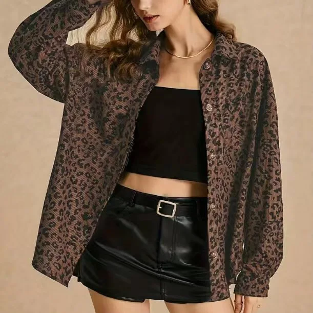 

2025 New Fashion Printed Button Jacket Women Autumn Casual Loose Leopard Print Lapel Pocket Long Sleeve Jacket For Women