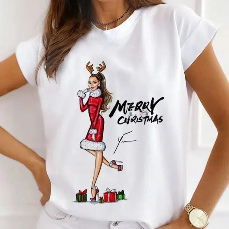 Christmas Christmas Gift Printed Women's Short-sleeved Casual Women's T-shirt Crewneck Base Tops Summer polyester fabric