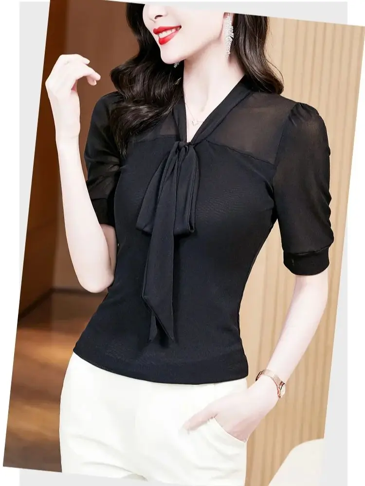 Summer Vintage Top Women Bowknot Collar Short Puff Sleeve Solid Mesh T Shirt Female Stretch Slim T-shirt M-3XL