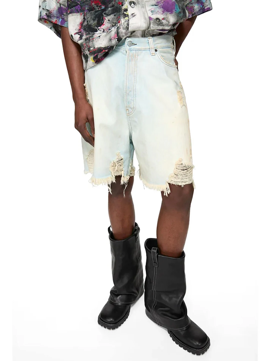 

Retro AC Style Low Waist Ripped Denim Shorts Men Summer Casual Loose Cotton Five-Quarter Length Trousers Polyester Blend