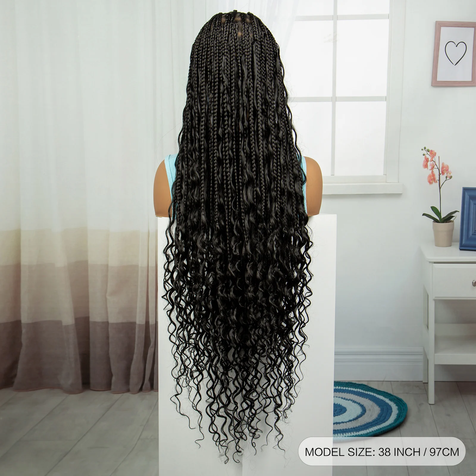 A caixa sem nó completa do laço trançou perucas para mulheres, perucas trançadas sintéticas naturais, onda profunda, cabelo do bebê, 38"