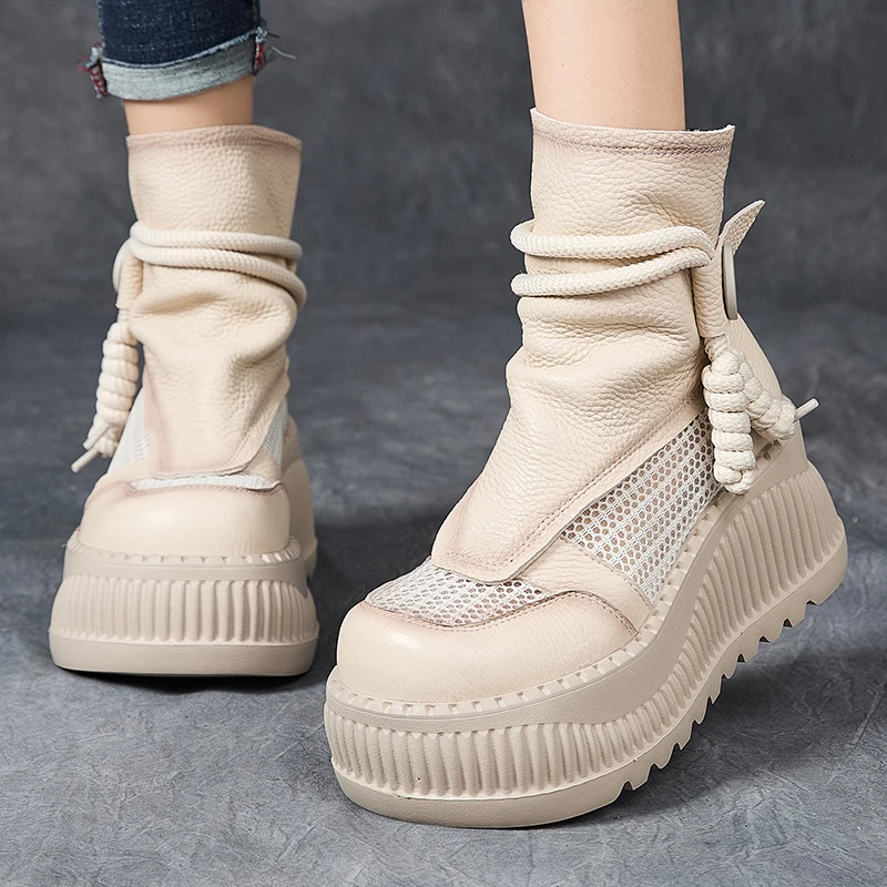 

GKTINOO/Женские ботинки на толстом каблуке 8 см в стиле ретро, летние ботинки из натуральной кожи на плоской платформе с молнией, ботильоны на шнуровке