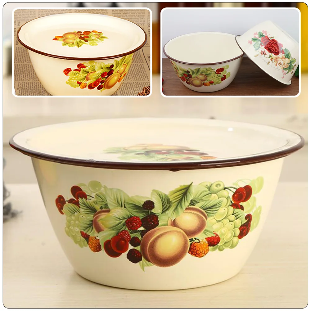 

1Set Vintage Enamel Basin Lid Multipurpose Kitchen Serving Mixing Bowl Large Capacity Dough Kneading Soup Bowl Lard Oil Storage