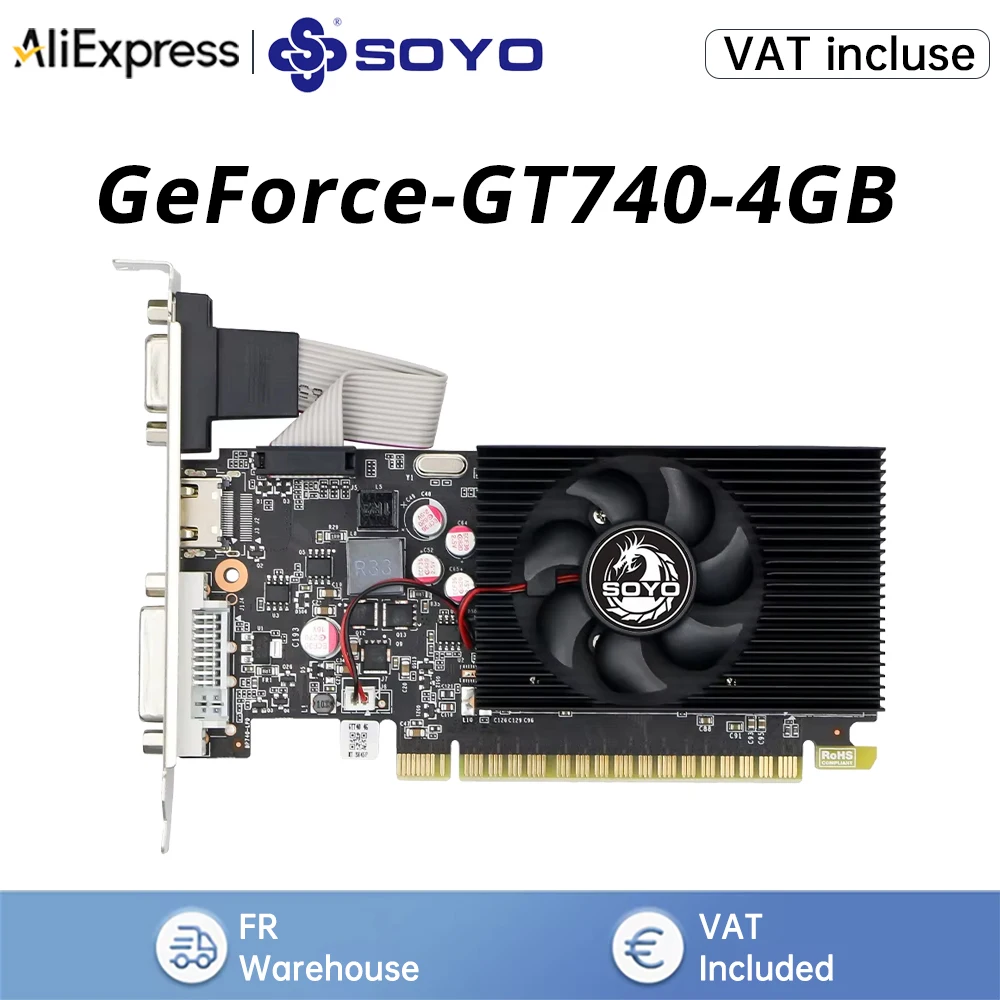 Cartes graphiques SOYO NVIDIA GT740 4G GDDR3 128 bits, carte vidéo HDMI + DP + DVI pour composants d'ordinateur de bureau GPU GT 740