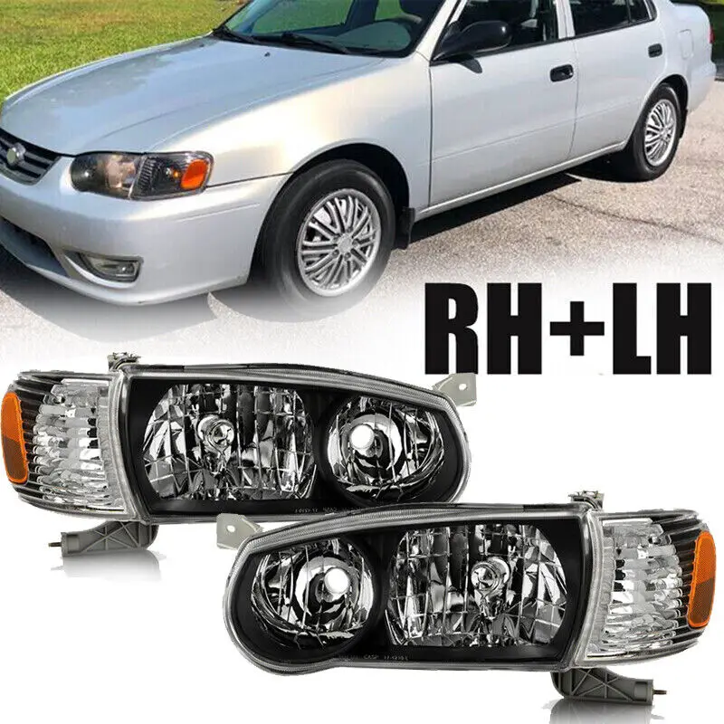 

Left+Right Set Auto Headlights JDM Style W/ Corner Signal Lamps Assembly Durable Fits For 2001 2002 Toyota Corolla Black Housing