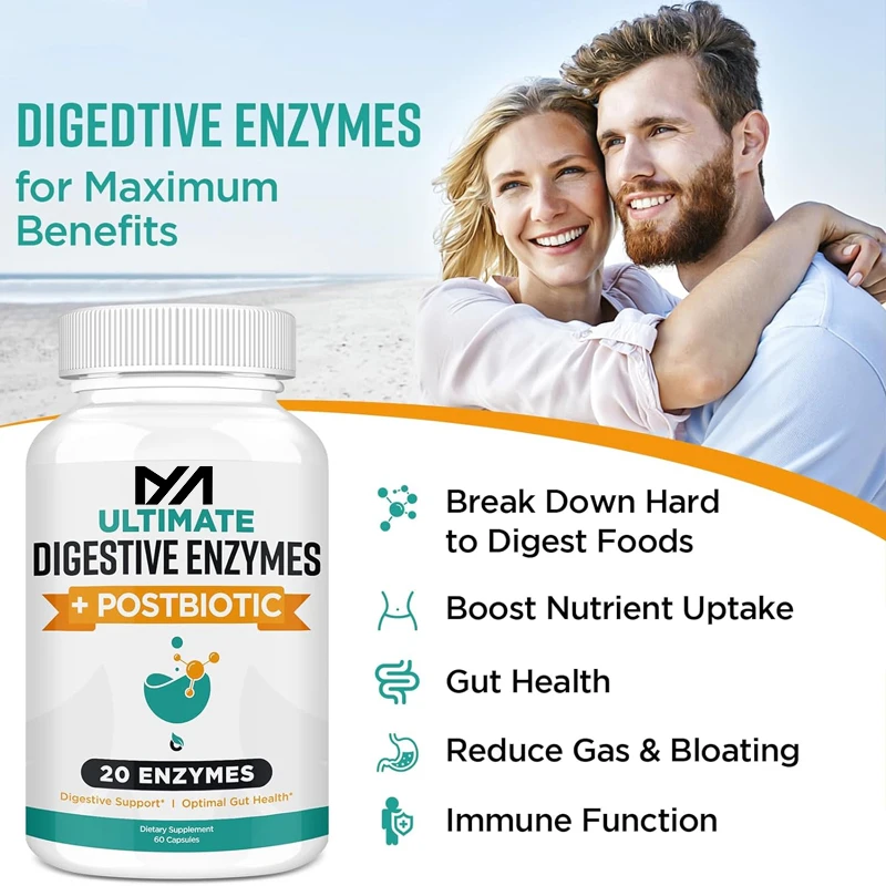 Digestive enzymes containing postbiotics, a mixture of 20 enzymes used for bloating, digestion, and intestinal function