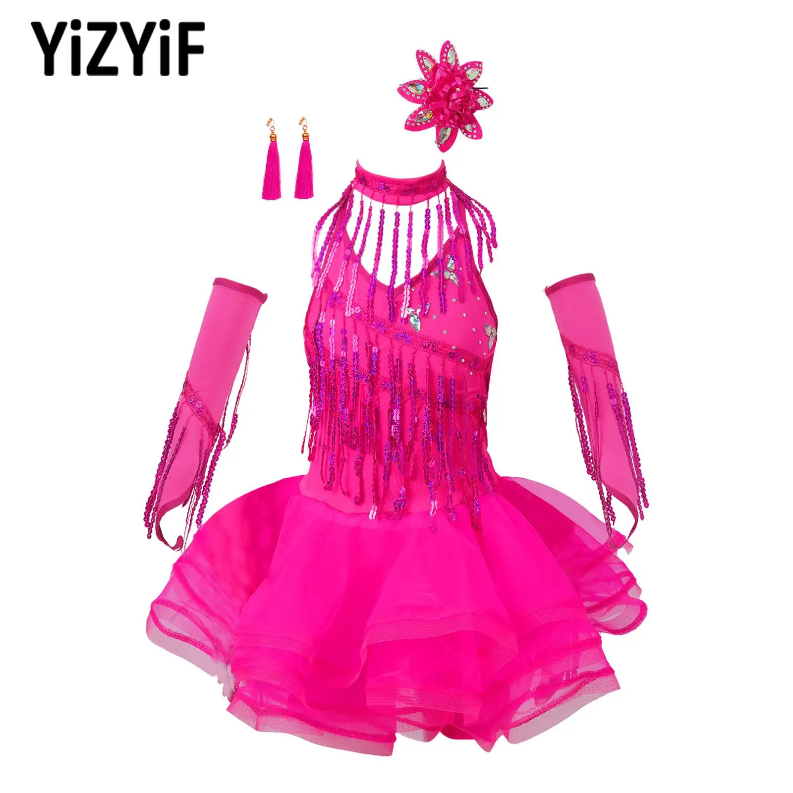 Kids Girls Latin Dance Performance Outfit Sequin Crisscross Tutu Dress Shorts Gloves Neck Ring Ear Clips Flower Headwear