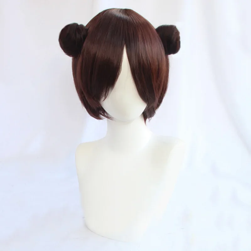 

Tenten Wig Cosplay Short Brown With Two Buns Synthetic Hair Heat Resistant Wig a wig cap