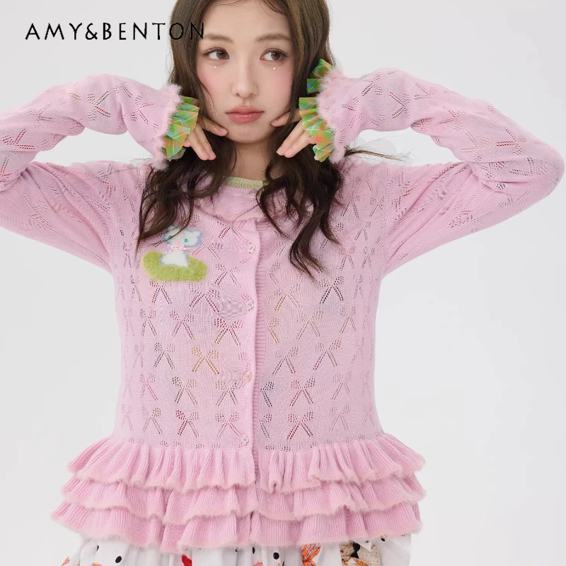 

Japanese Original Design Pink Lace Bow Hollow Out Knitted Women's Cardigan 2026 New Fresh Girl Air-conditioned Shirt Coat Ladies