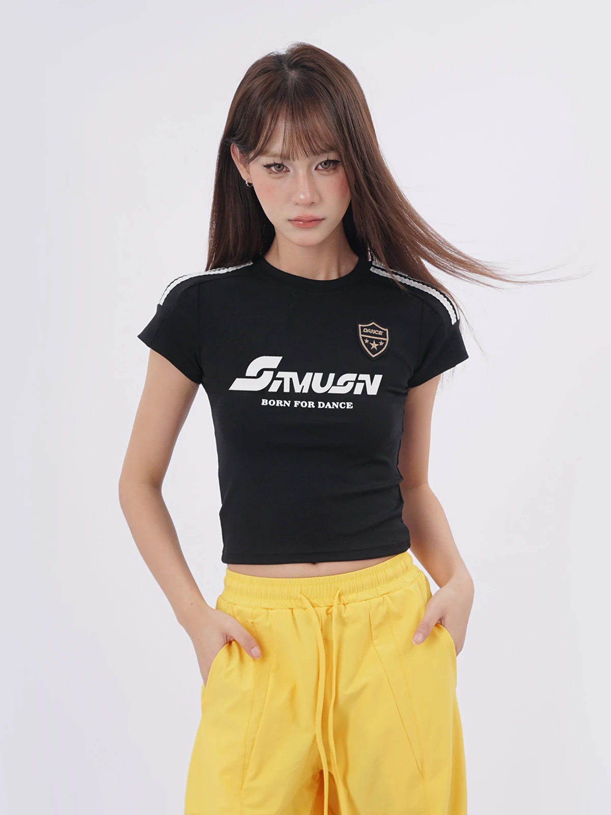 Slim Fit round Neck Short Sleeve T-Shirt Women's Sporty Style Shoulder Insert Design Black Cool Spicy Printed  Top