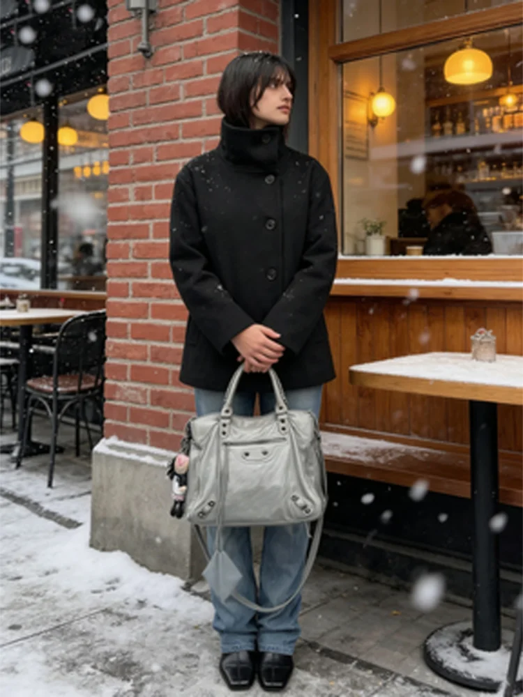 

Женское шикарное короткое шерстяное пальто с воротником-стойкой, элегантное однобортное свободное укороченное пальто с длинными рукавами, 2026, женская дорожная куртка