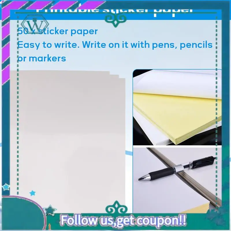 50 hojas mejoradas A4 blanco autoadhesivo impermeable etiqueta papel de superficie para fotocopiadora de impresora de inyección de tinta Lazer