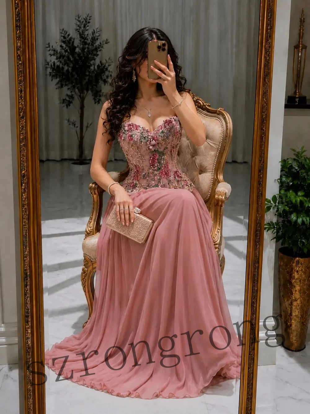 Customized Chic Sweetheart Collar Floral Lace Evening Dress Straight Backless Floor Length Prom Party Dress with Train