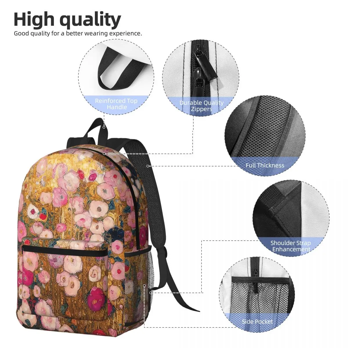 Gustav Klimt Pink Flower Garden Backpack Boys Girls BookBag Kids School Bag Computer Shoulder Bags for Men Women