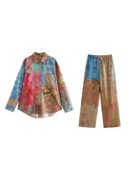 TRAF 2023 summer new women's printed patchwork shirt top and drawstring elastic waist cropped pants casual wide-leg pants