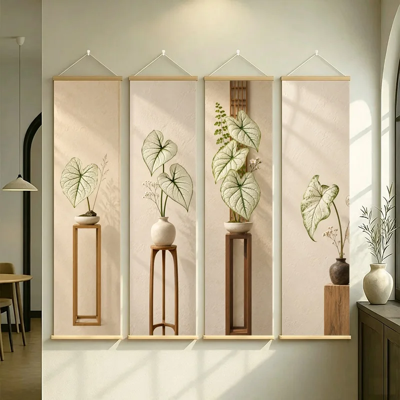 Botanical Wall Art 4-Panel Green Leaf Vase Hanging Scroll Set on Beige Silver Shimmer Canvas for Serene Living Room Decor