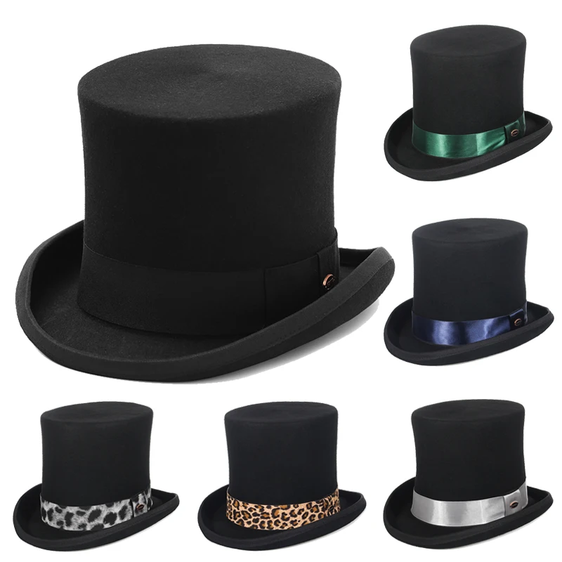 GEMVIE 17cm 100% Wool Felt Beaver High Top Hat Topper Derby Cylinder Hat For Women Men Mad Hatter Party Costume Magician Cap