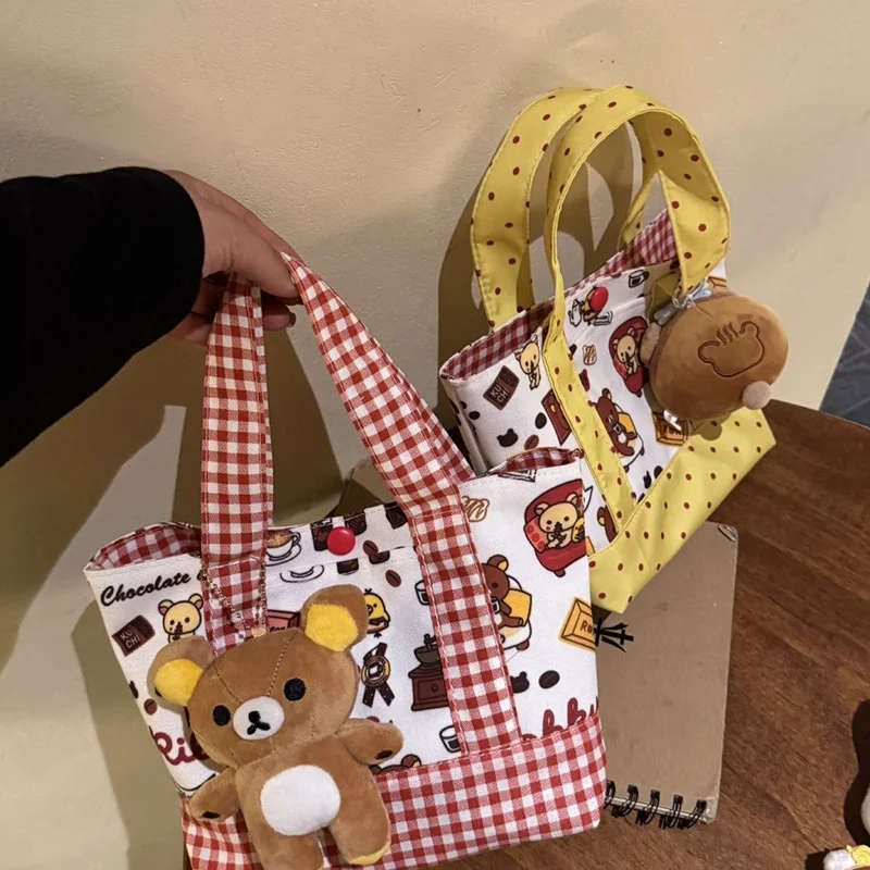 

New Japanese Style Rilakkuma Handbag Cartoon Cute Polka Dot Snap Button Canvas Bag Girl Travel Portable Storage Bag Friend Gift