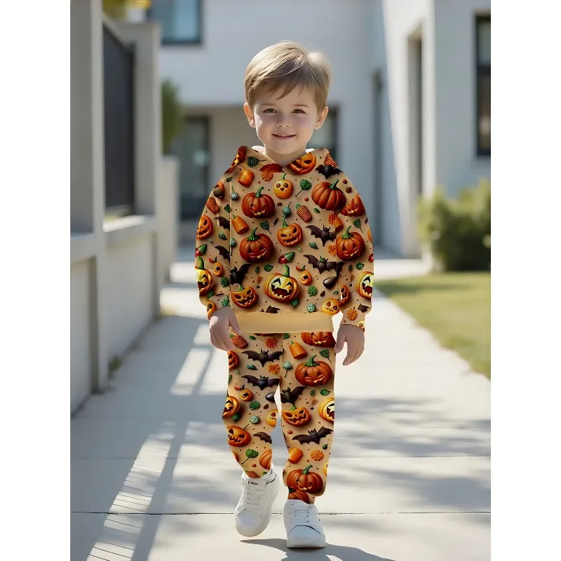 Little Boys 2 Piece Hoodie Jogger Tracksuit, Halloween Pumpkin Spider Skeleton Skull Full Print Kids Casual Party Outfit