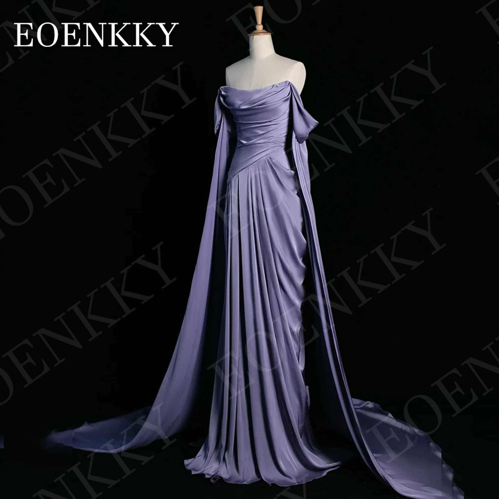 EOENKKY Saudi Arabia Evening Dress Maxi فستان سهرة نسائي Off Shoulder A Line Satin Pleats Formal Occasion Dresses Shawl Sleeves