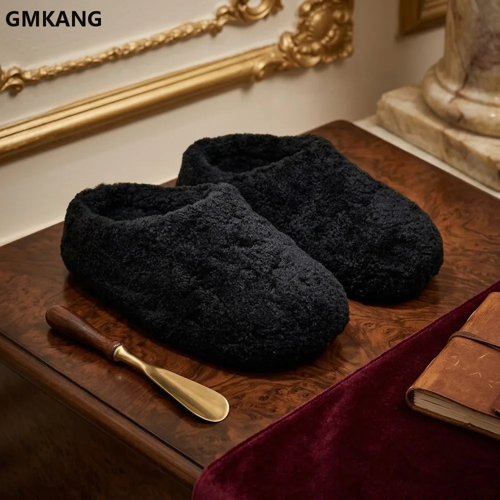 Winter Women Slippers Round Toe Wool Flat Bottom Comfortable Casual Indoor Outdoor House Shoes Warm Fleece Lining Non Slip