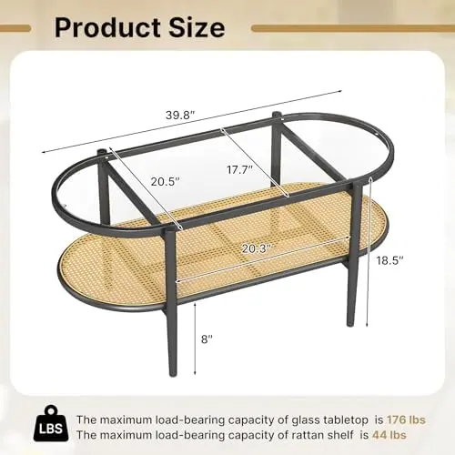 Boho Oval Coffee Table - 4-Tier Tempered Glass Tabletop with Acacia Wood Frame and PE Rattan Storage Shelf - Modern