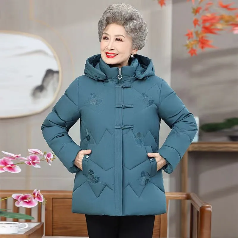 Winter Grandma's Cotton Jacket Female Coat Fashion Hooded Thick Warm Outerwear Fleece Embroidered flowers Women Parkas