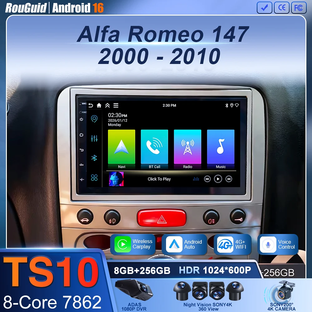 Android 16 Carplay For Alfa Romeo 147 GT 937 2000-2010 GPS Navigation Video Car Radio GPS Automotive Multimedia Car Monitor DVD